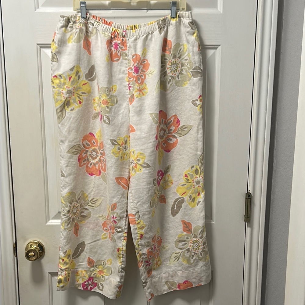 J. Jill Floral Wide Leg Crop Pants - Cream, Pink, Yellow Size XL
